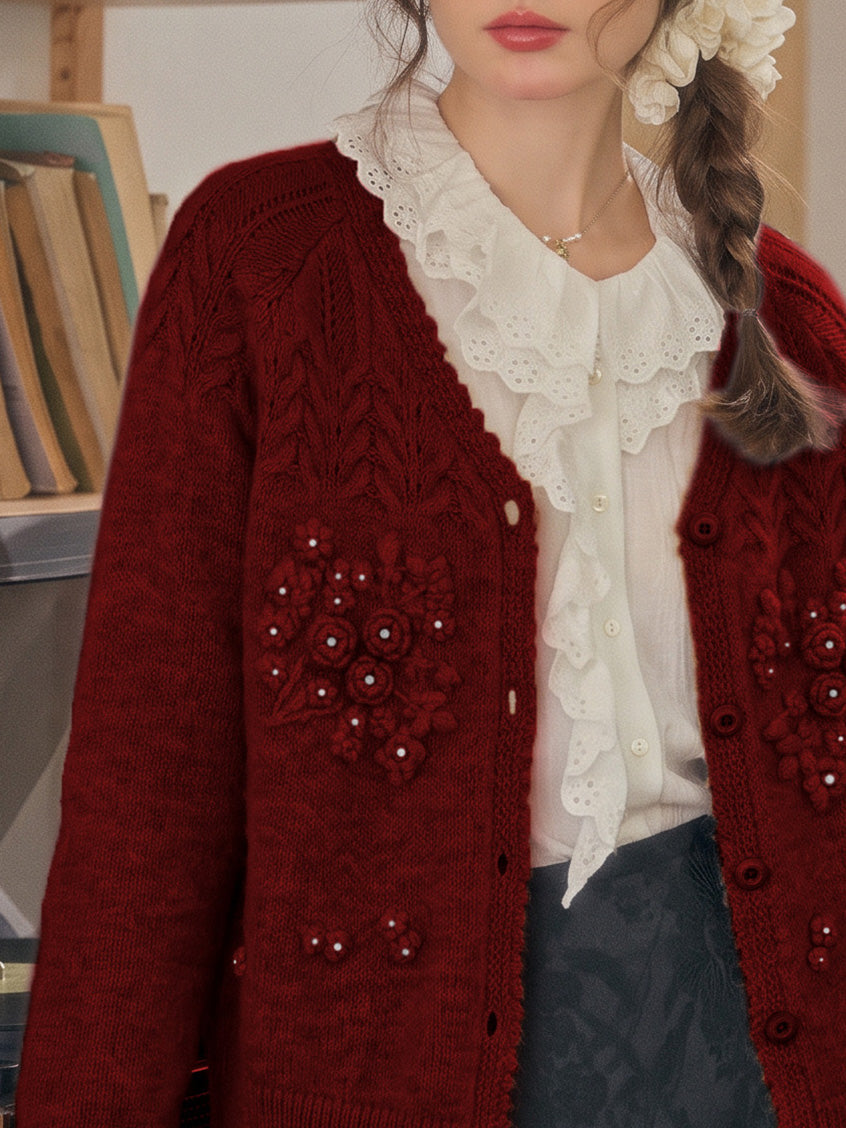Ottilie Embroidered Rose V-Neck Cable Cardigan