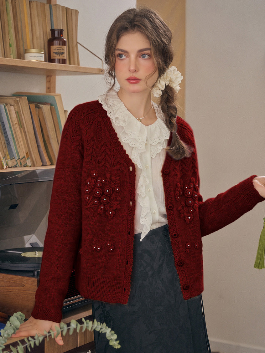 Ottilie Embroidered Rose V-Neck Cable Cardigan