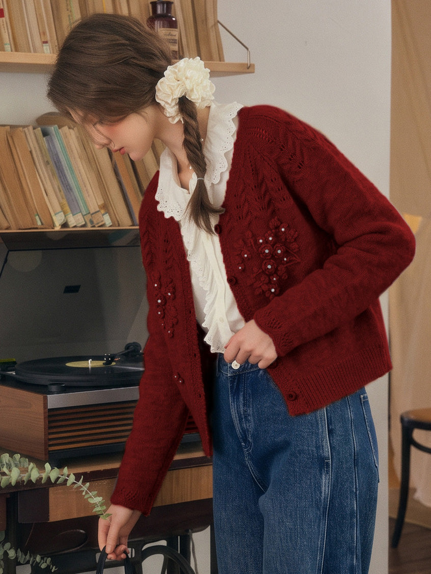 Ottilie Embroidered Rose V-Neck Cable Cardigan