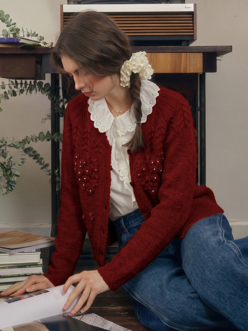 Ottilie Embroidered Rose V-Neck Cable Cardigan