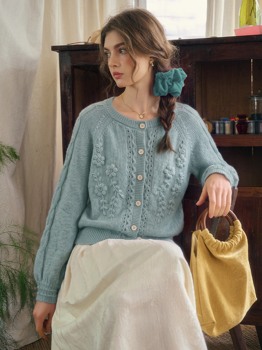 Fernanda  Round Neck Embroidered Floral Cardigan
