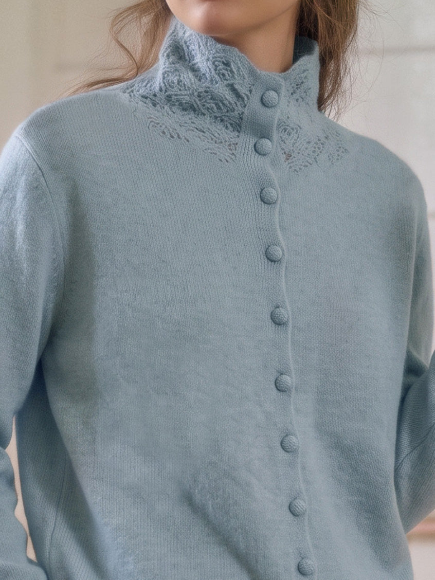 Cecile Pearl-Button Pointelle Stand-Collar Cardigan