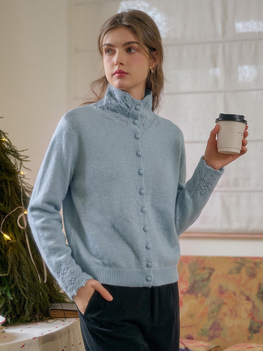 Cecile Pearl-Button Pointelle Stand-Collar Cardigan