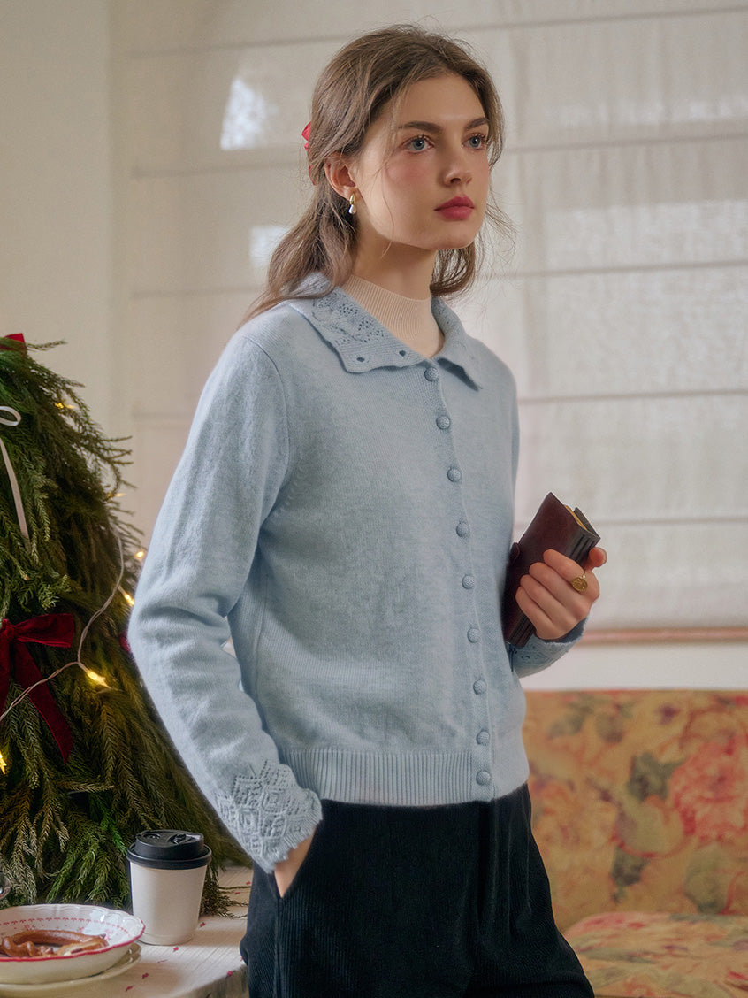 Cecile Pearl-Button Pointelle Stand-Collar Cardigan