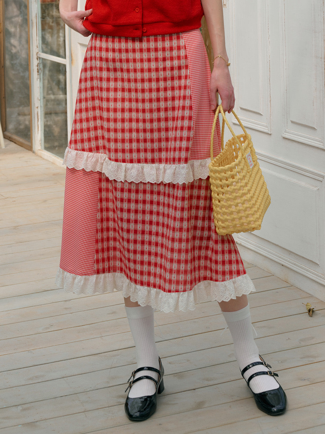 【Final Sale】Dalia Sweet Lace Contrasting Plaid Cake Skirt