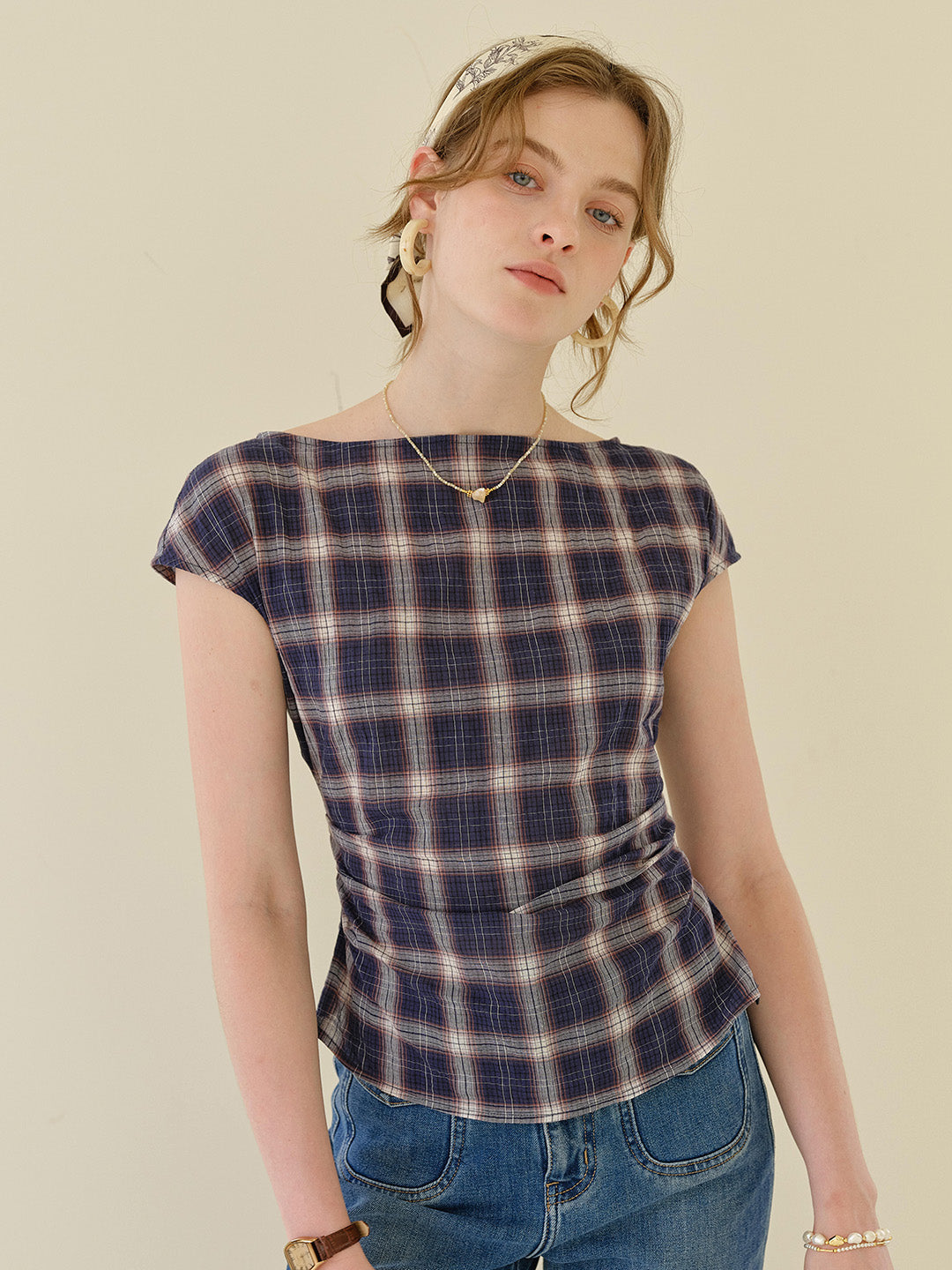 Abigail Boat Neck Plaid Blouse