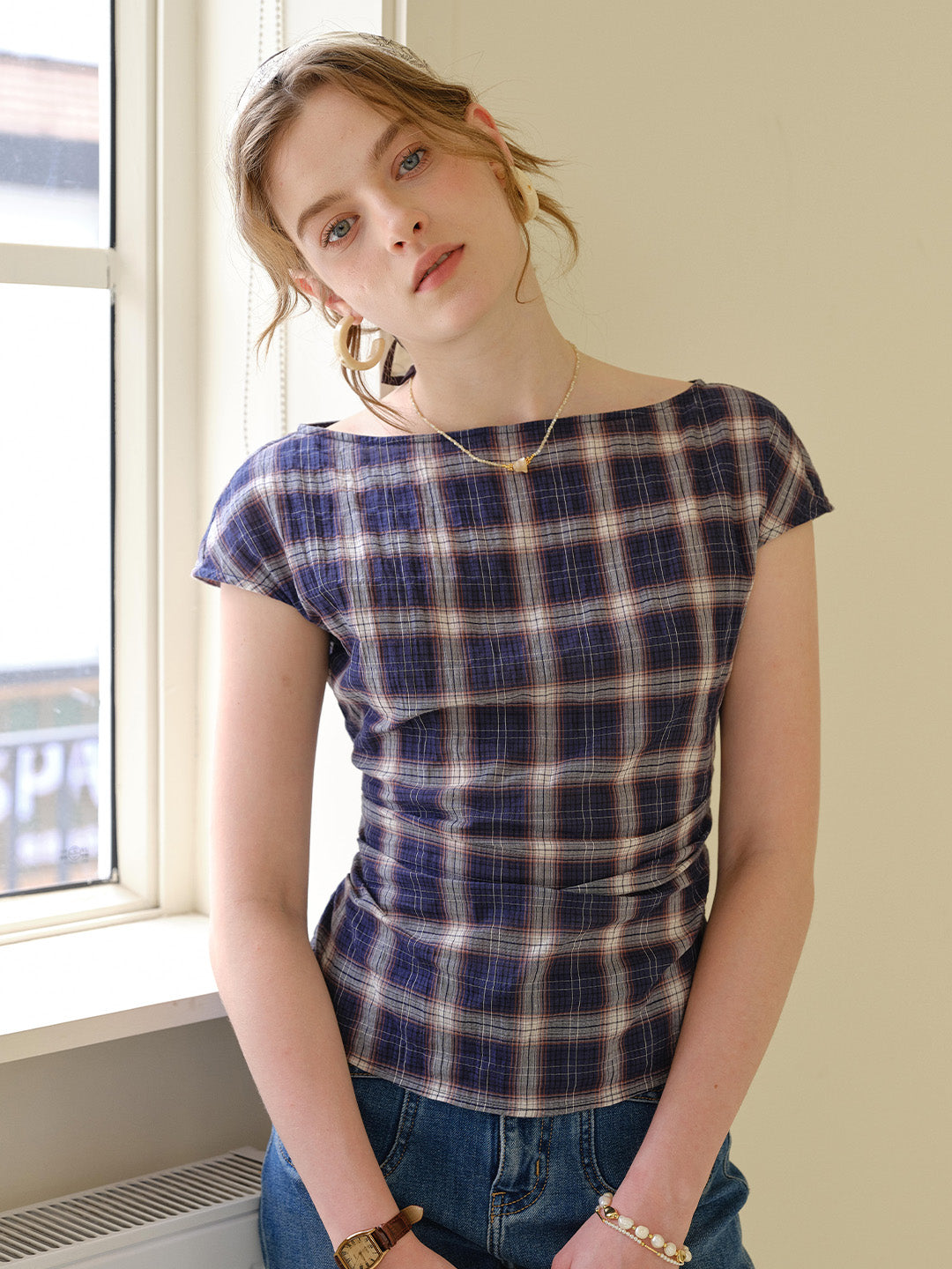 Abigail Boat Neck Plaid Blouse