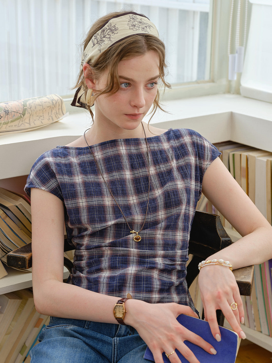 Abigail Boat Neck Plaid Blouse