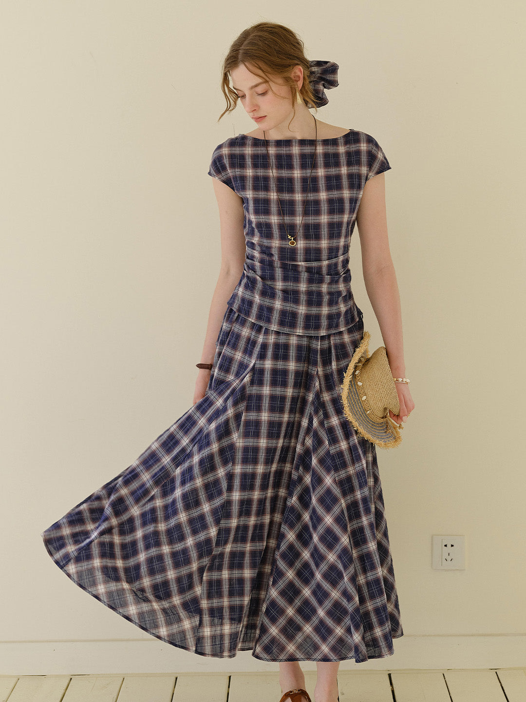 Abigail Boat Neck Plaid Blouse