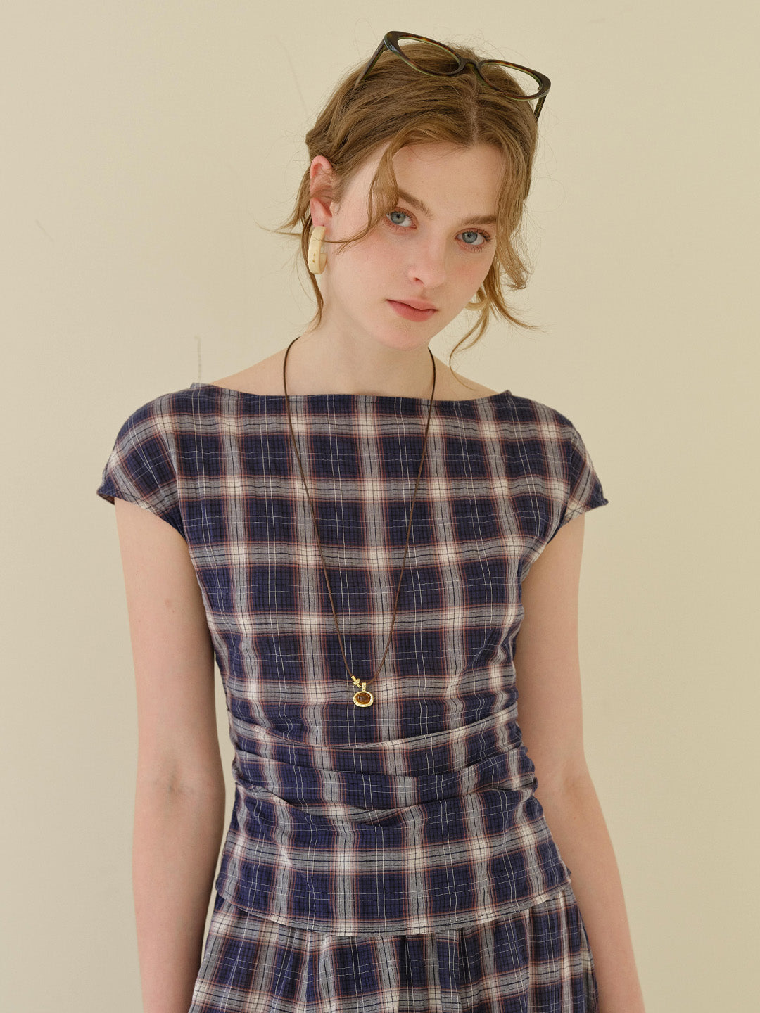 Abigail Boat Neck Plaid Blouse