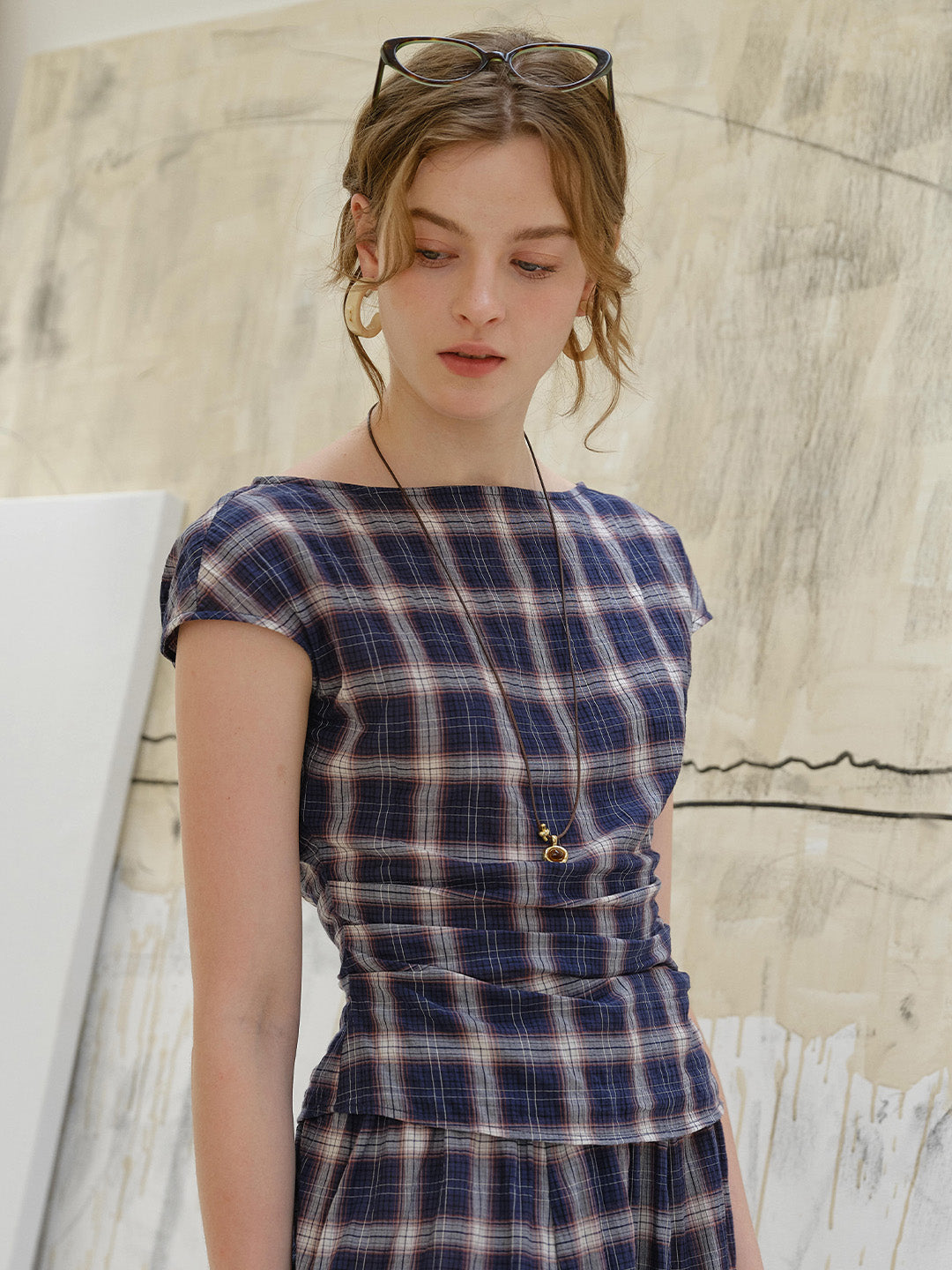 Abigail Boat Neck Plaid Blouse