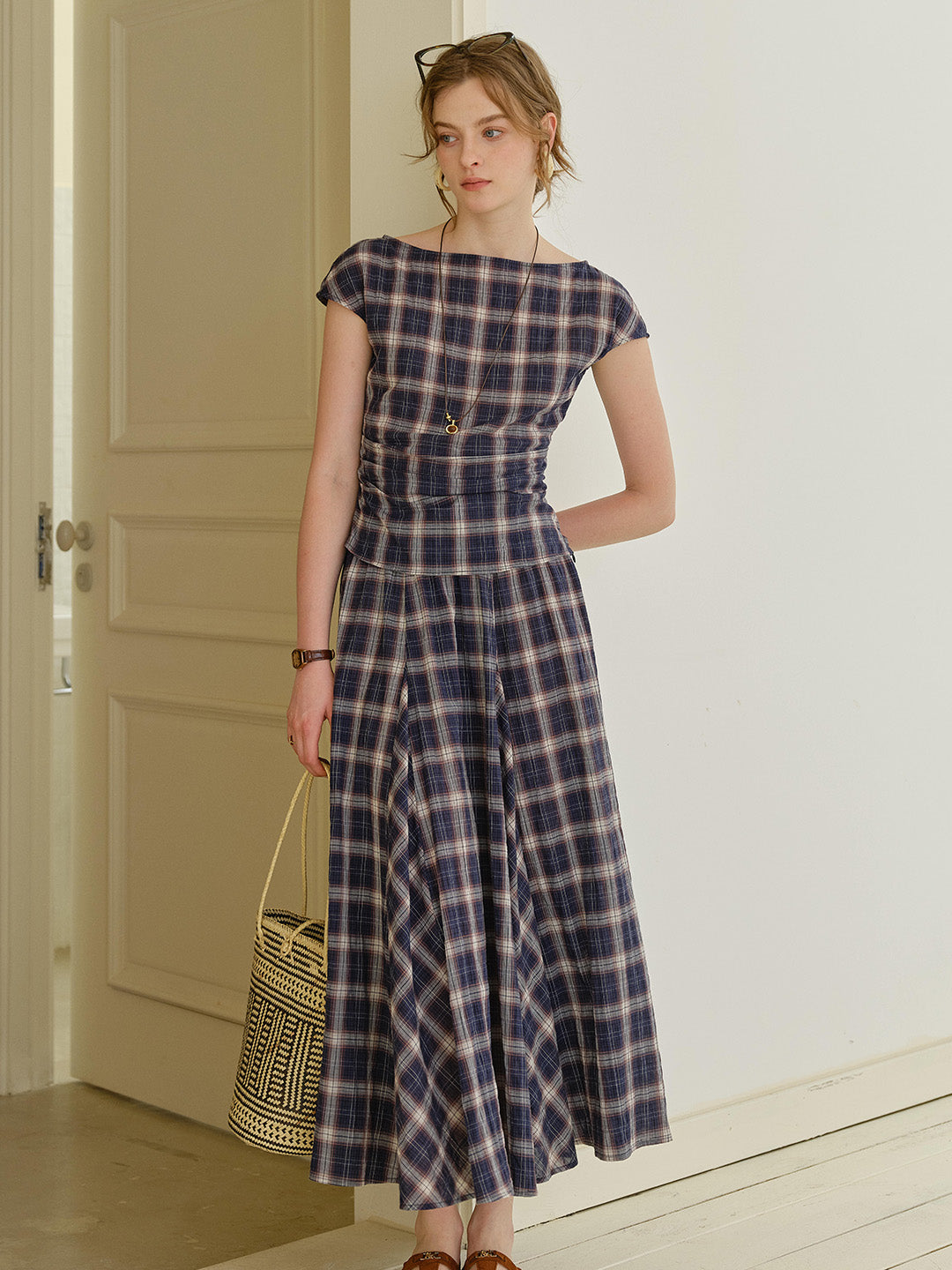 Abigail Boat Neck Plaid Blouse