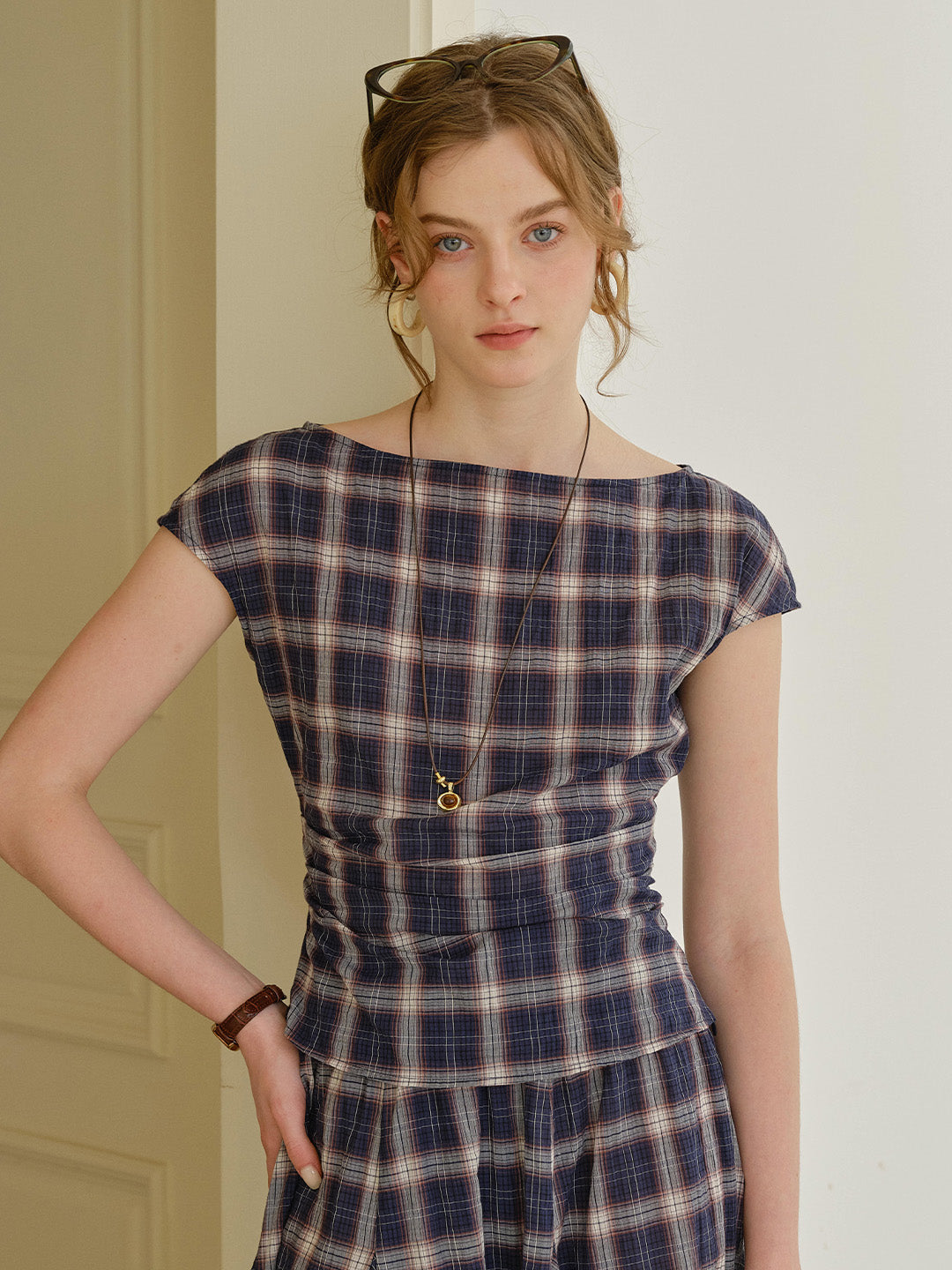 Abigail Boat Neck Plaid Blouse