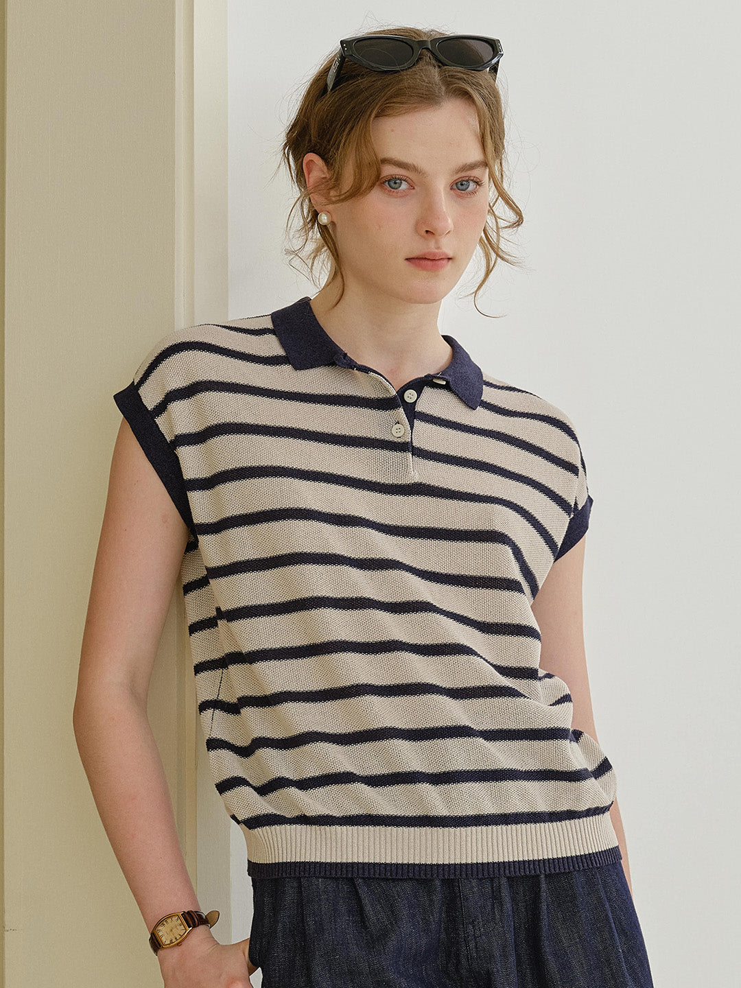 Lily Classic Polo Collar Stripe Blouse