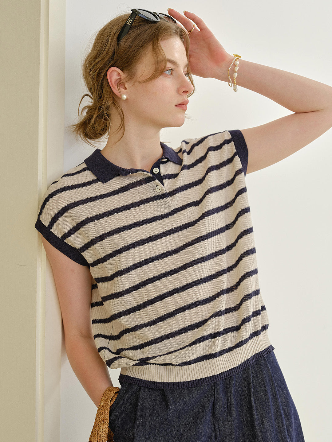 Lily Classic Polo Collar Stripe Blouse