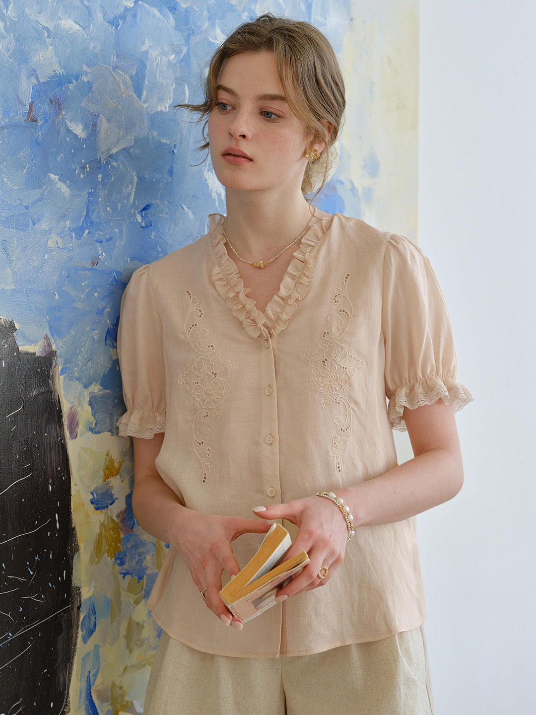 Amelia V- Neck Embroidered Ramie Blouse