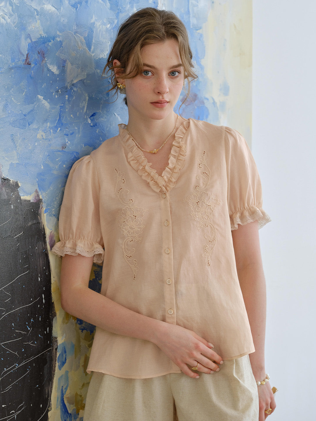 Amelia V- Neck Embroidered Ramie Blouse