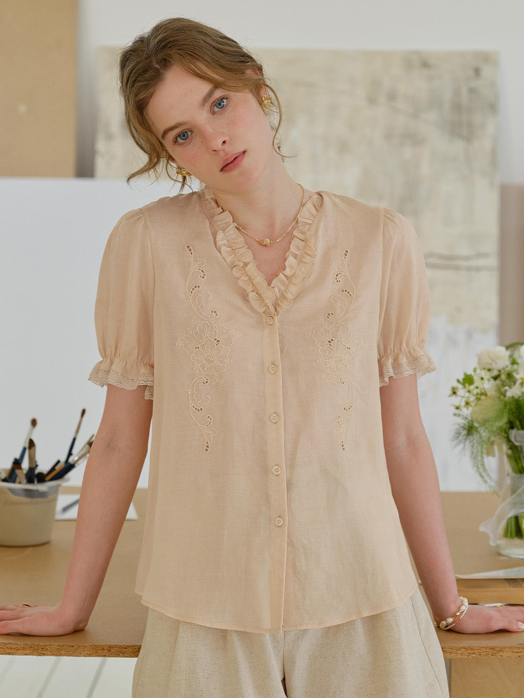 Amelia V- Neck Embroidered Ramie Blouse