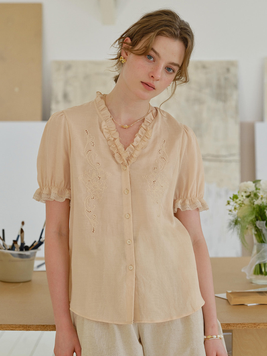 Amelia V- Neck Embroidered Ramie Blouse