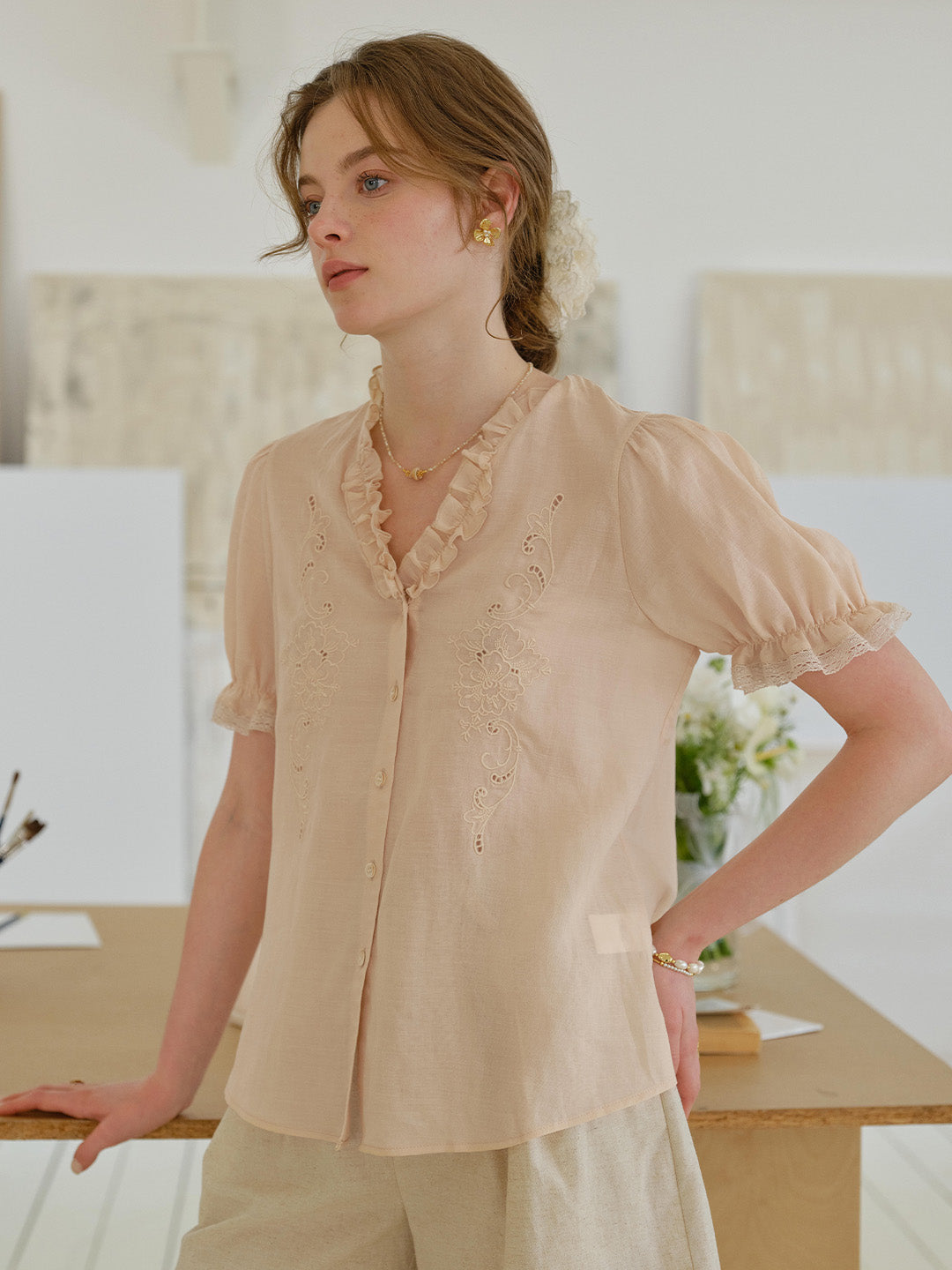 Amelia V- Neck Embroidered Ramie Blouse