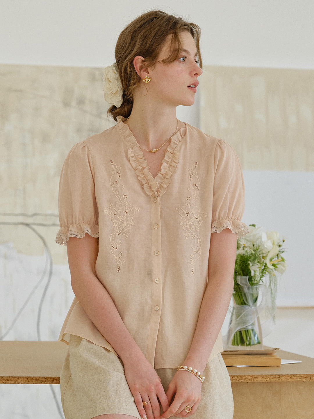 Amelia V- Neck Embroidered Ramie Blouse