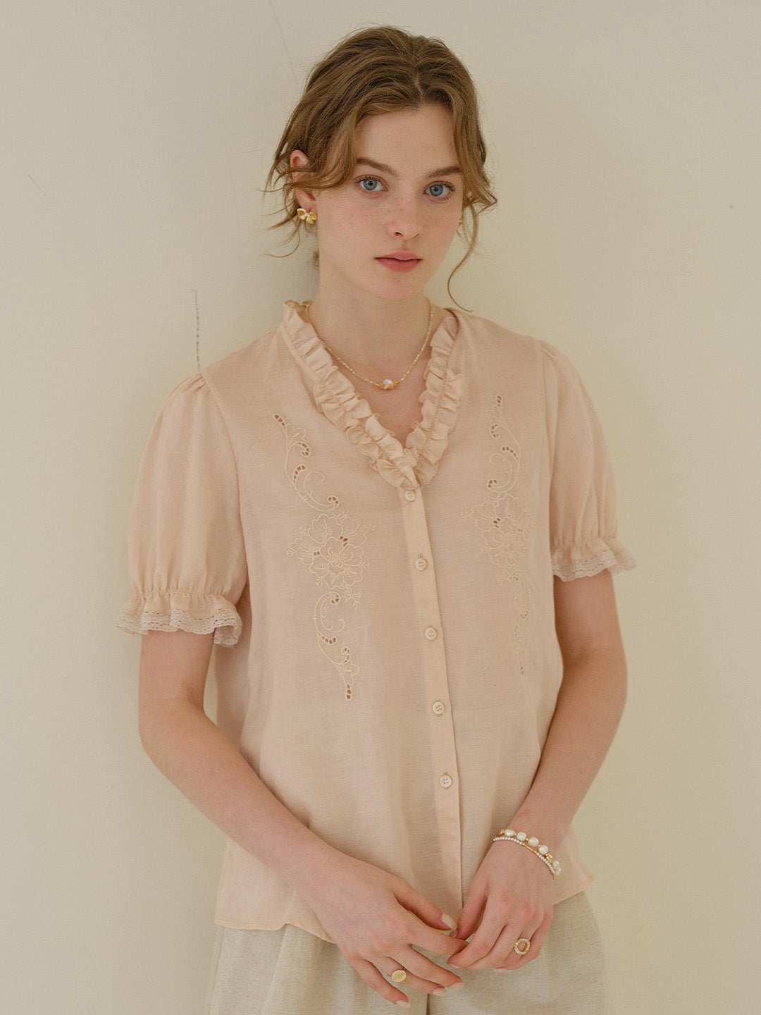Amelia V- Neck Embroidered Ramie Blouse