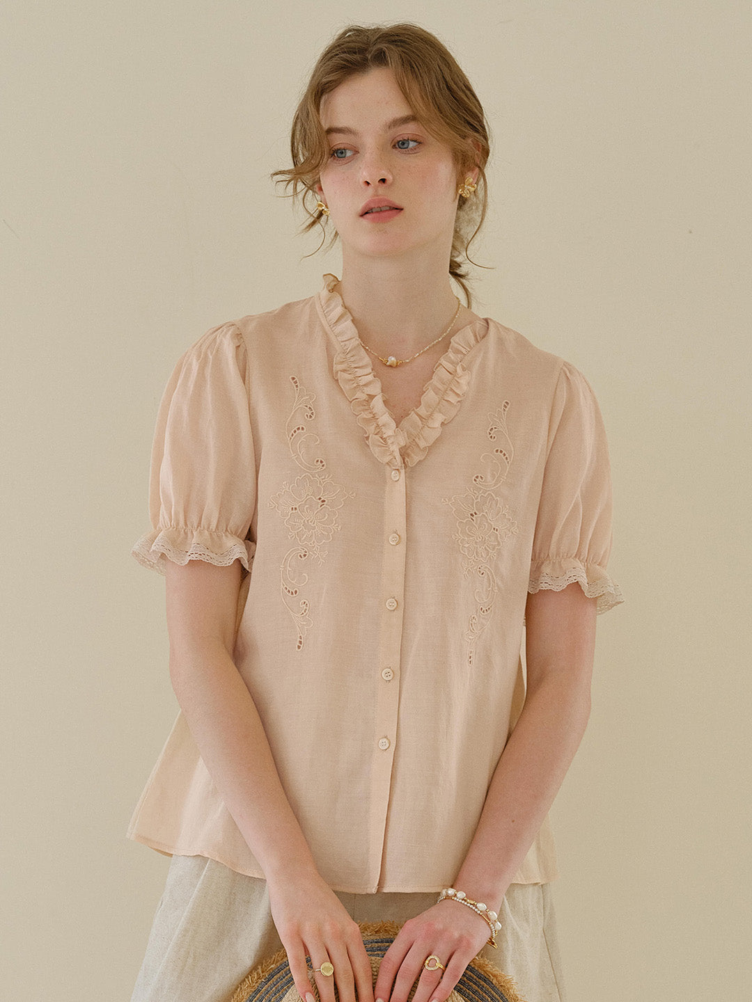 Amelia V- Neck Embroidered Ramie Blouse