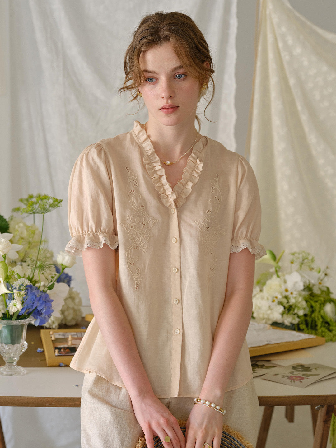Amelia V- Neck Embroidered Ramie Blouse