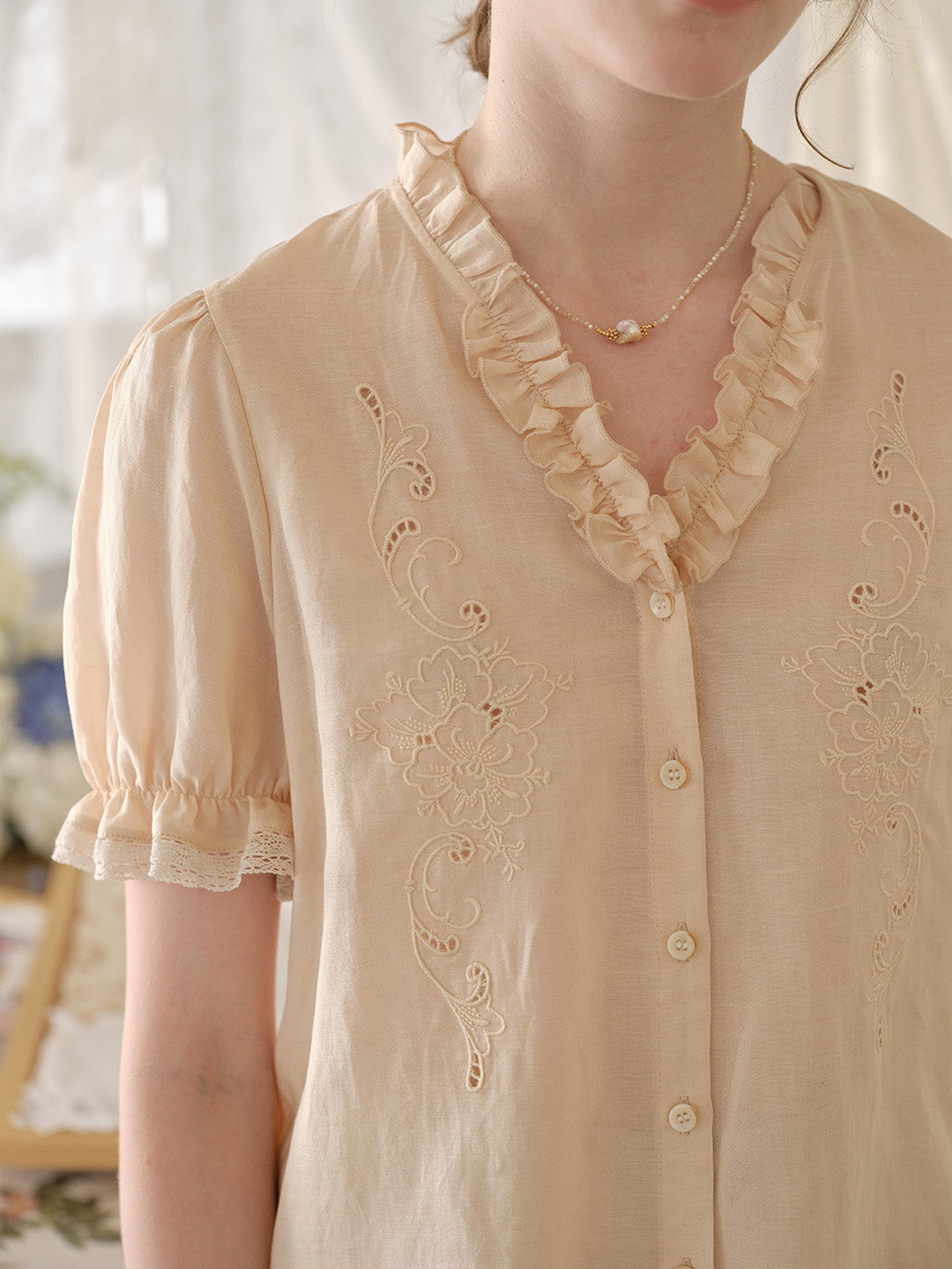 Amelia V- Neck Embroidered Ramie Blouse