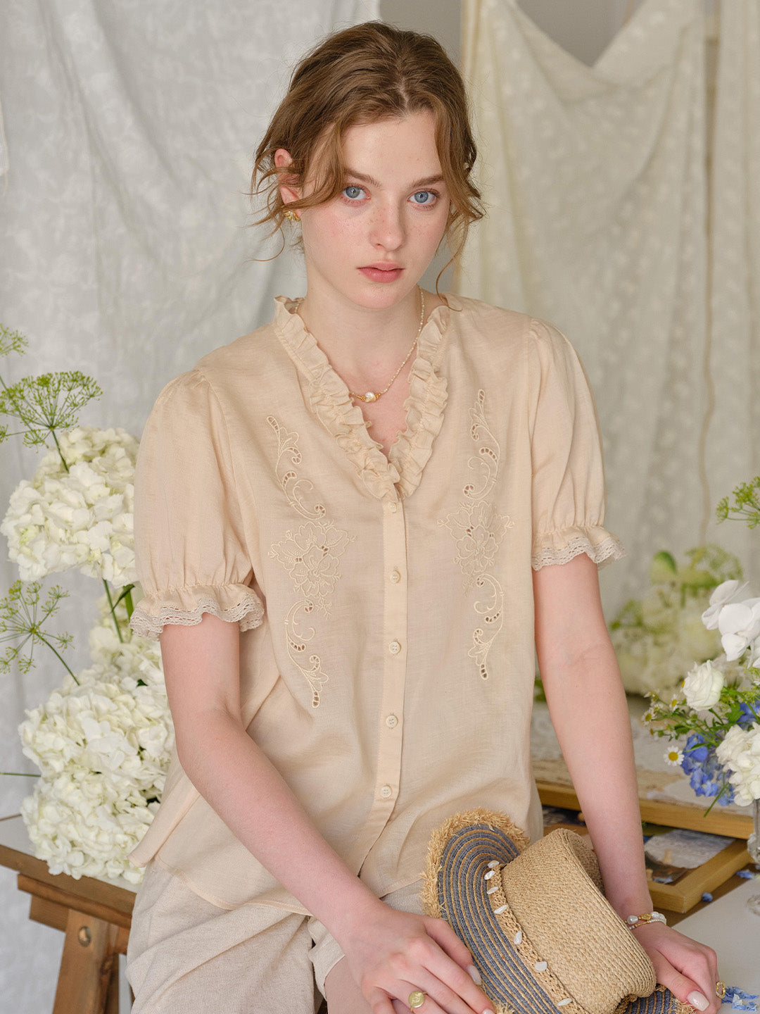 Amelia V- Neck Embroidered Ramie Blouse