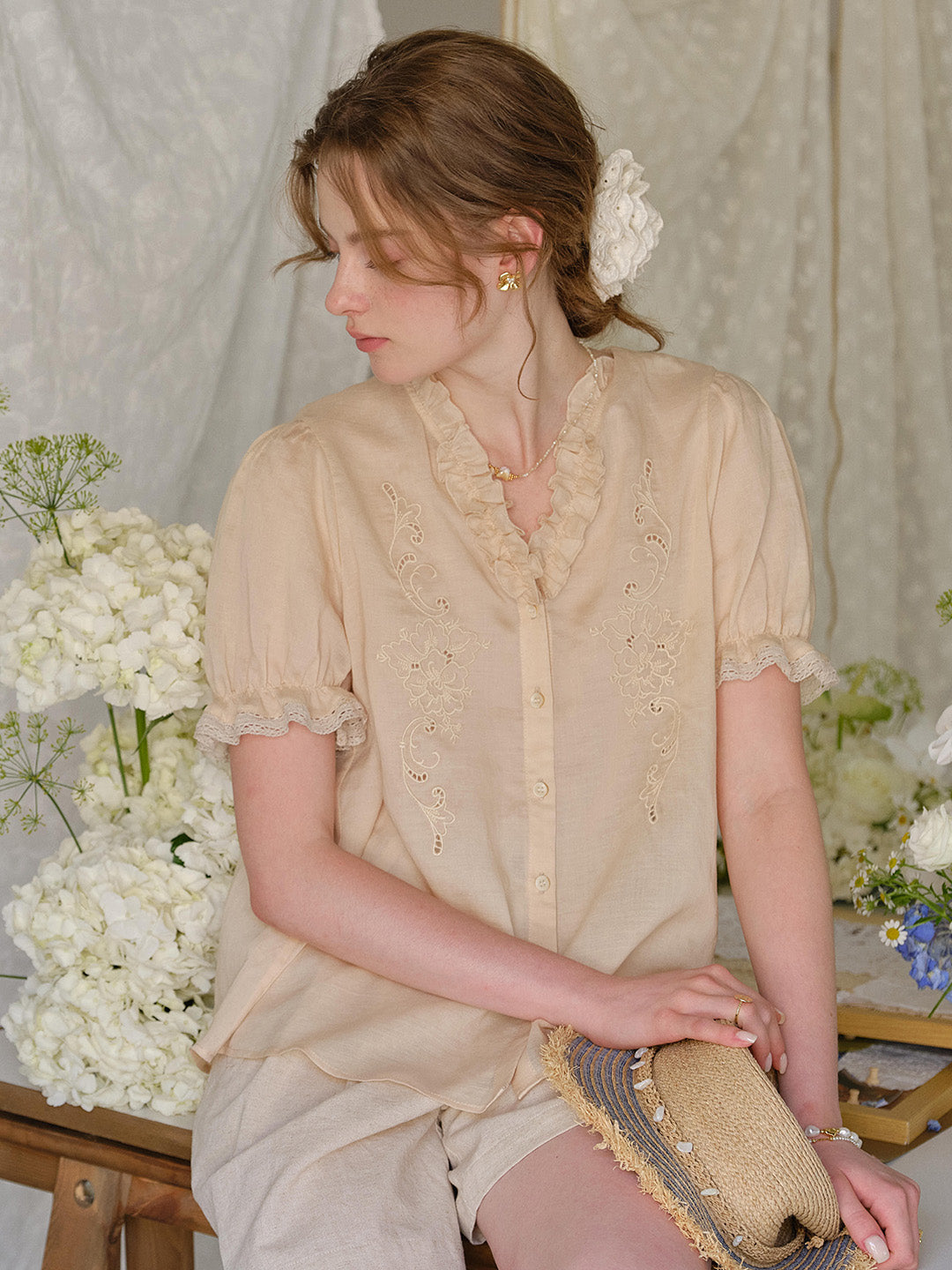 Amelia V- Neck Embroidered Ramie Blouse