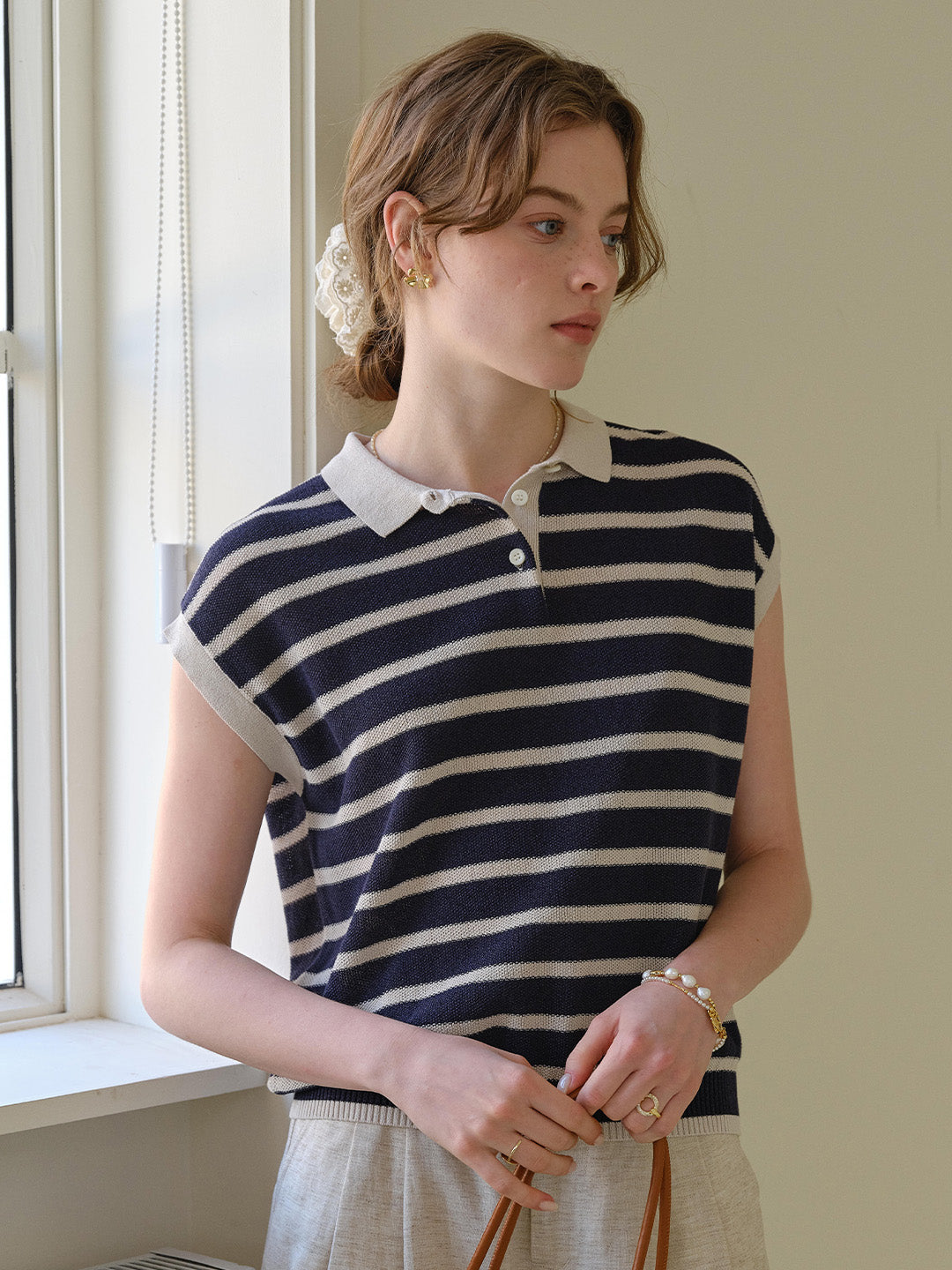 Lily Classic Polo Collar Stripe Blouse