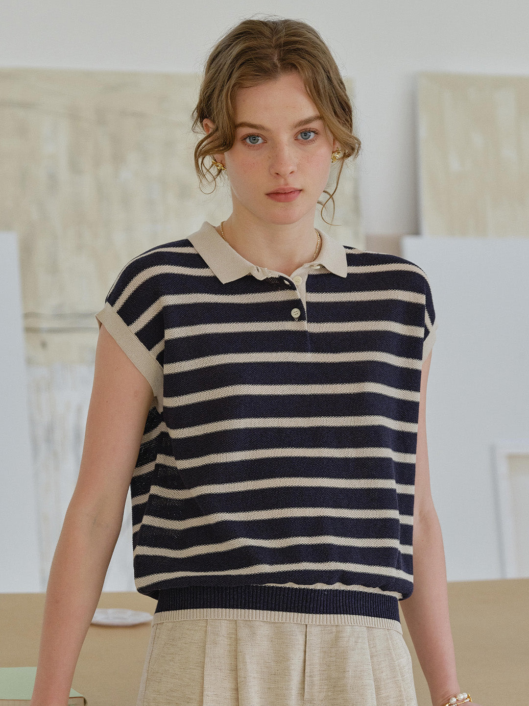 Lily Classic Polo Collar Stripe Blouse