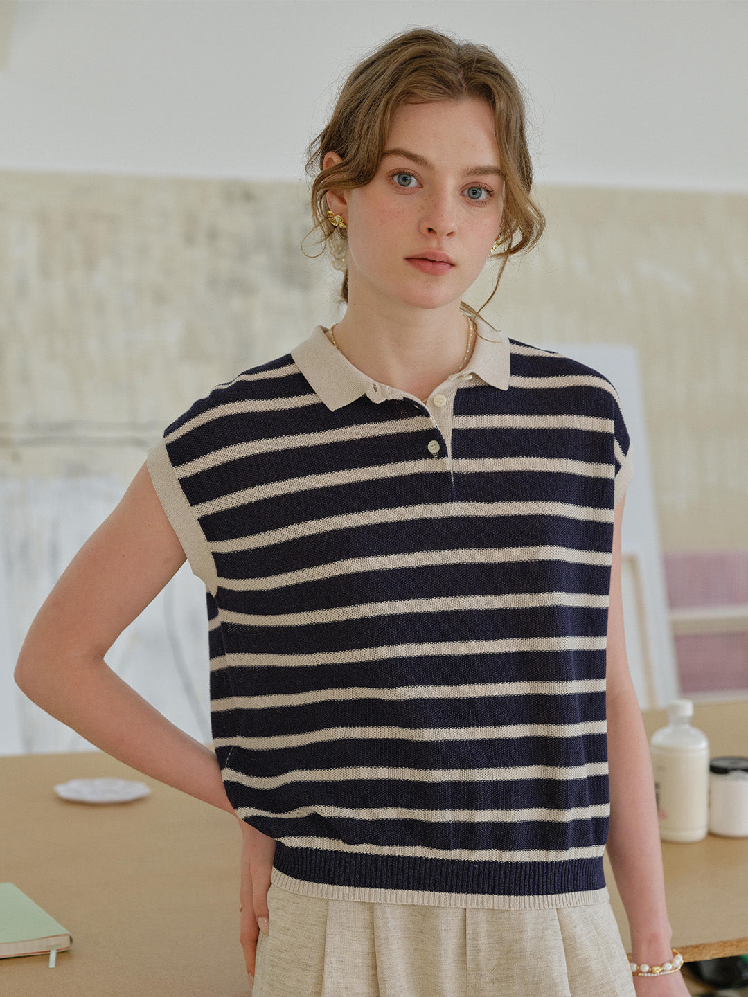 Lily Classic Polo Collar Stripe Blouse