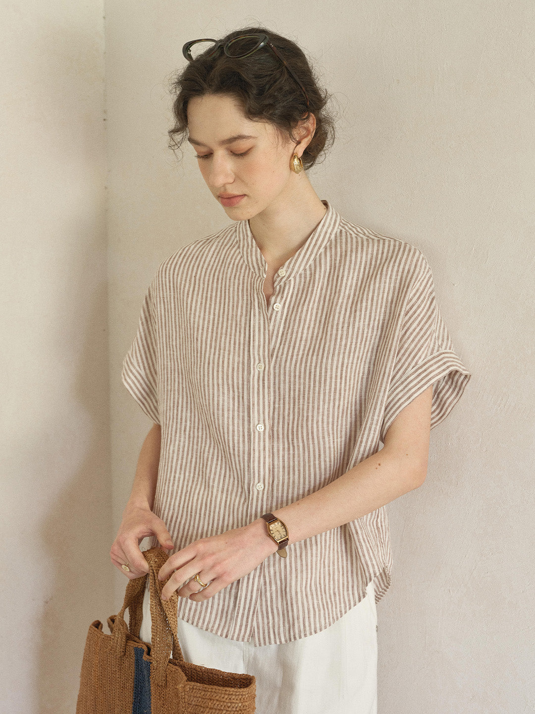 Fleur Stand Collar Stripe 100% Linen Blouse