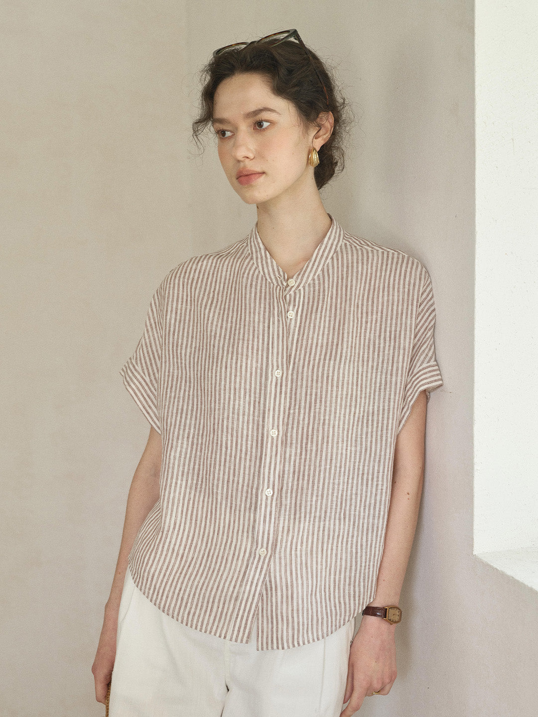 Fleur Stand Collar Stripe 100% Linen Blouse