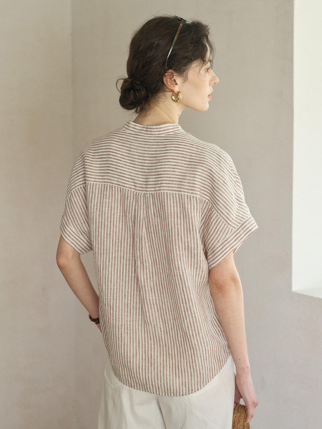 Fleur Stand Collar Stripe 100% Linen Blouse