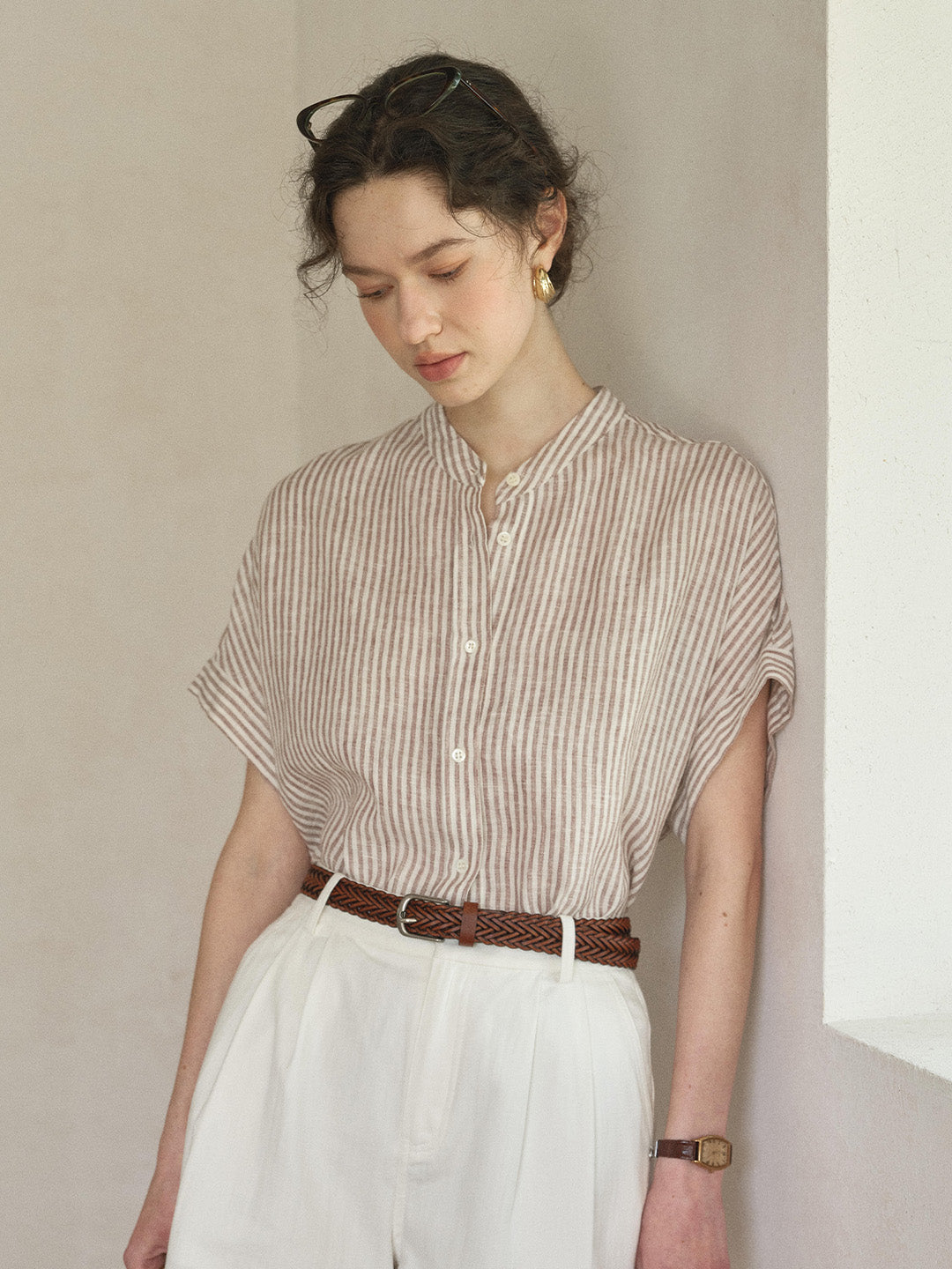 Fleur Stand Collar Stripe 100% Linen Blouse