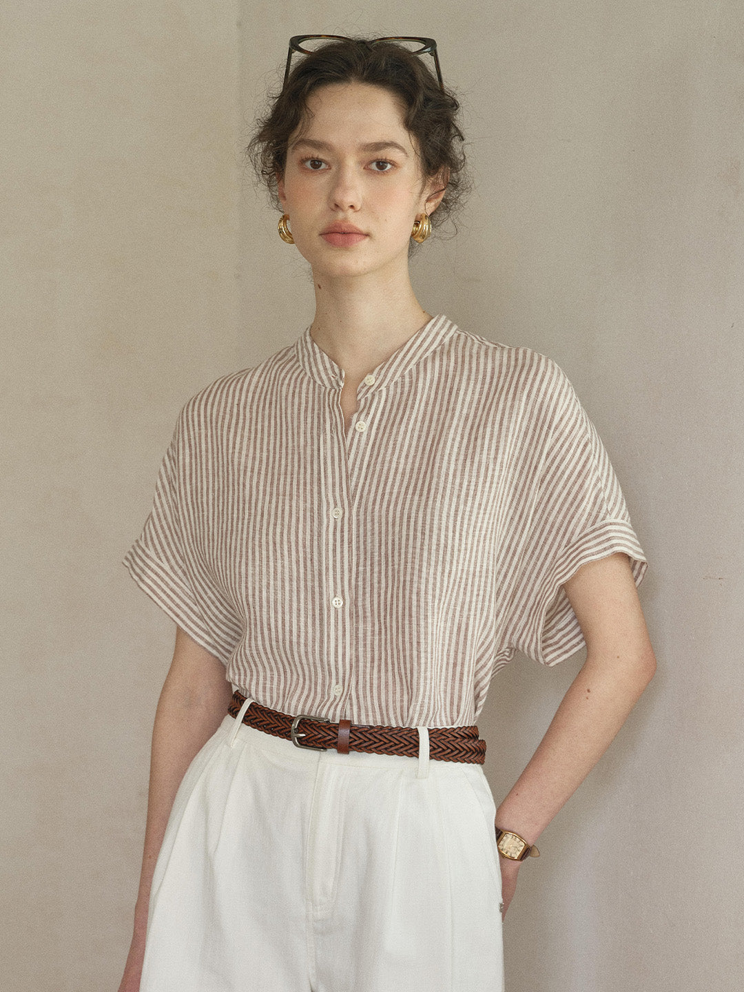 Fleur Stand Collar Stripe 100% Linen Blouse