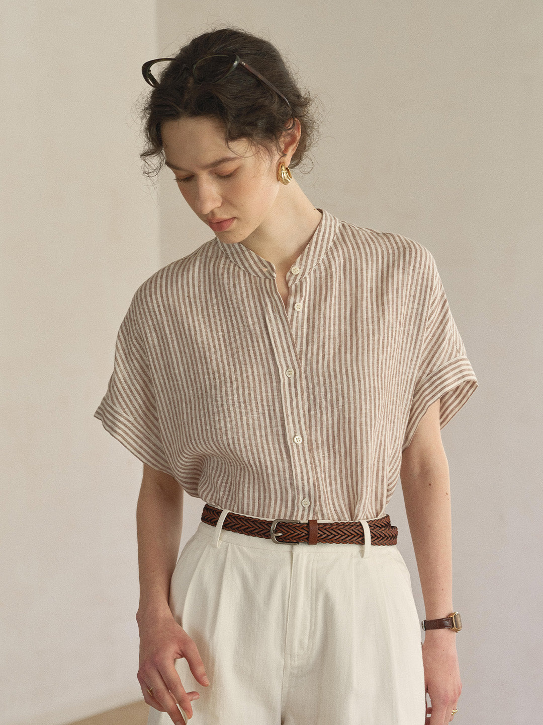 Fleur Stand Collar Stripe 100% Linen Blouse