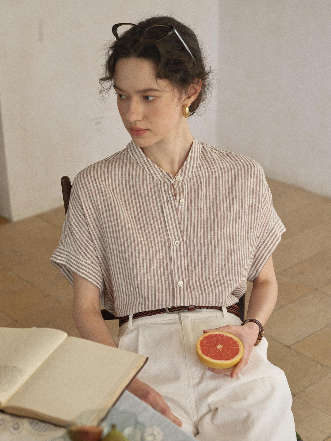 Fleur Stand Collar Stripe 100% Linen Blouse