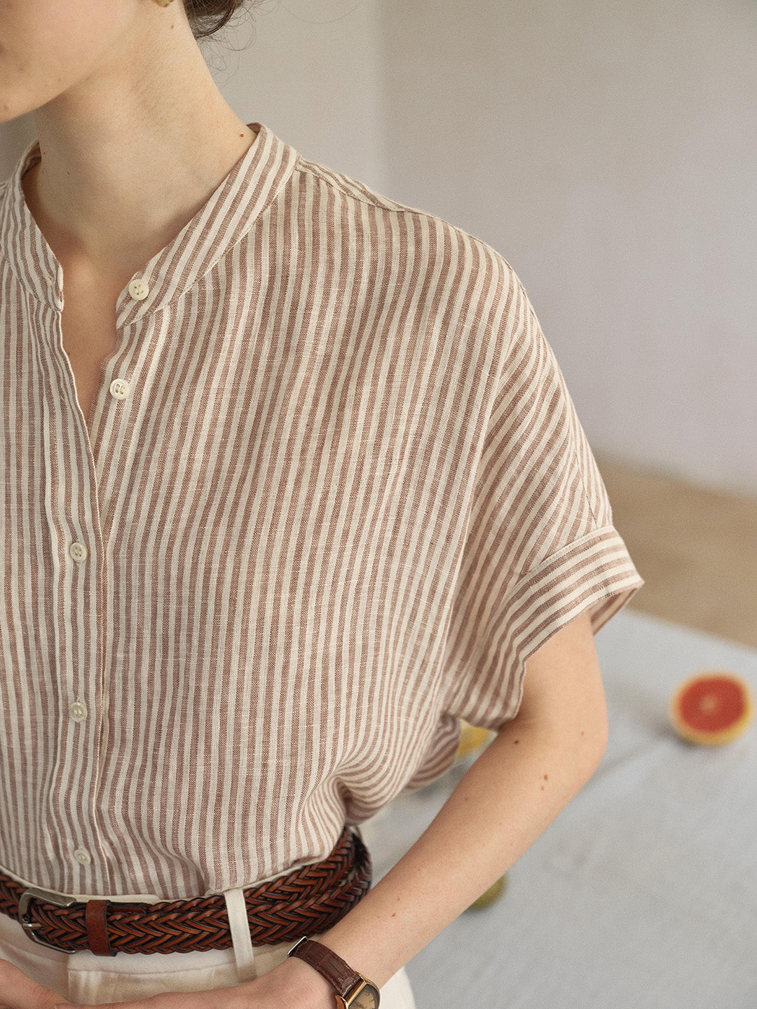 Fleur Stand Collar Stripe 100% Linen Blouse