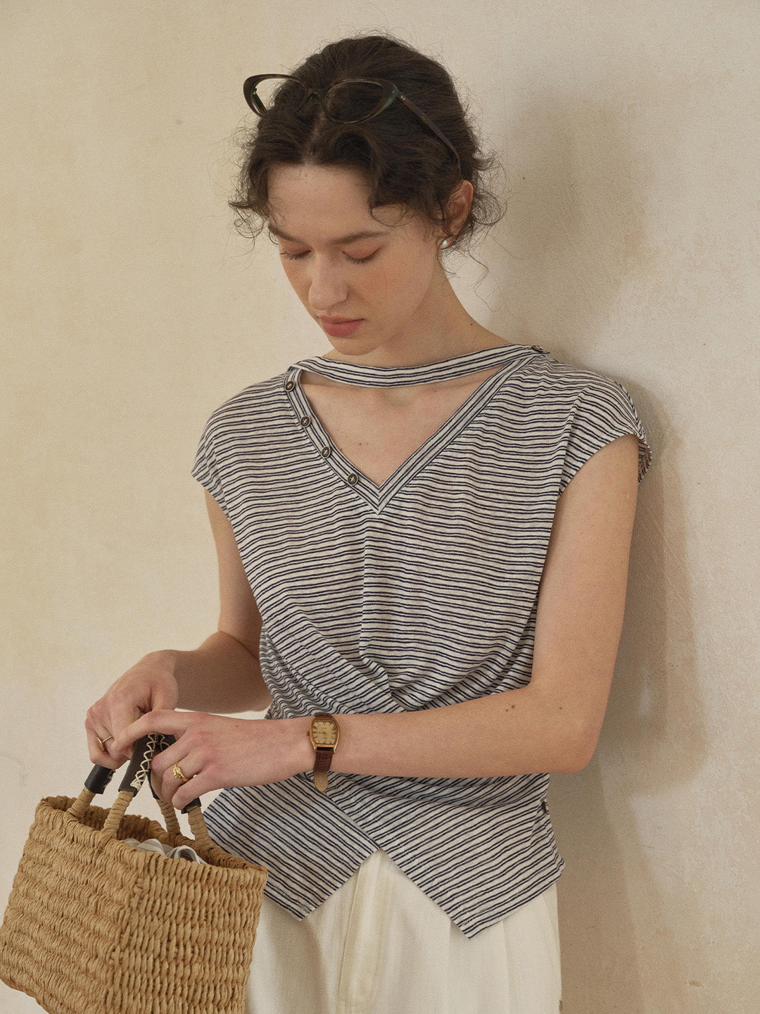 Alina V-Neck Stripe Linen Blouse