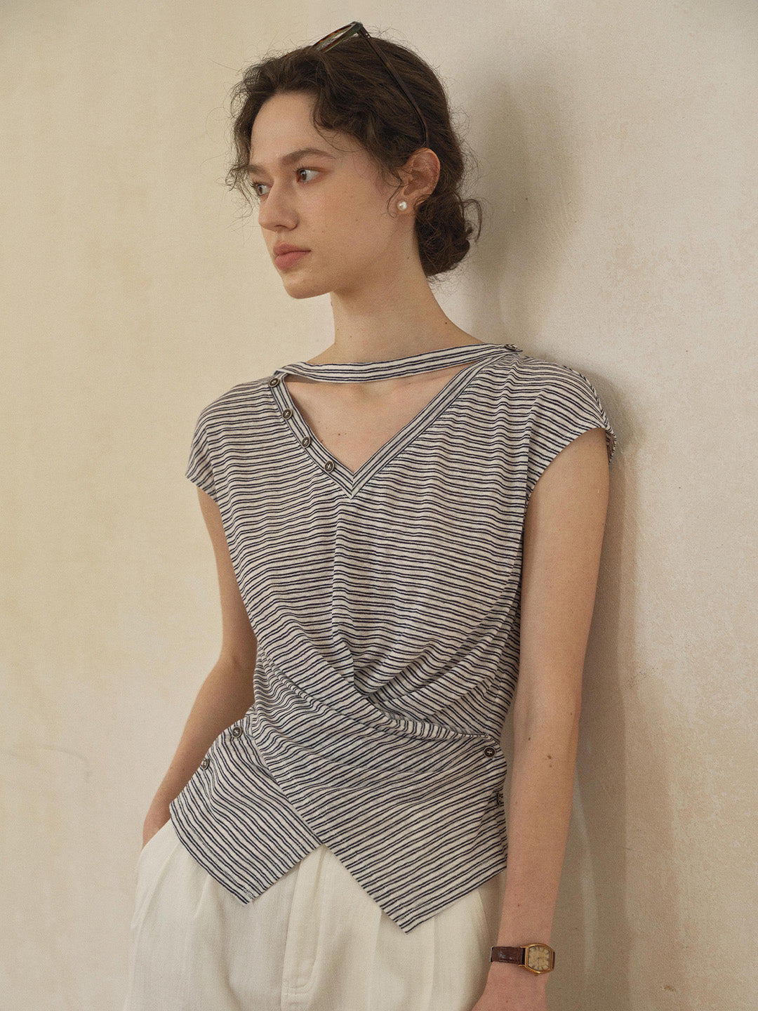 Alina V-Neck Stripe Linen Blouse