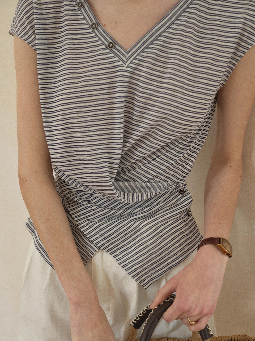 Alina V-Neck Stripe Linen Blouse