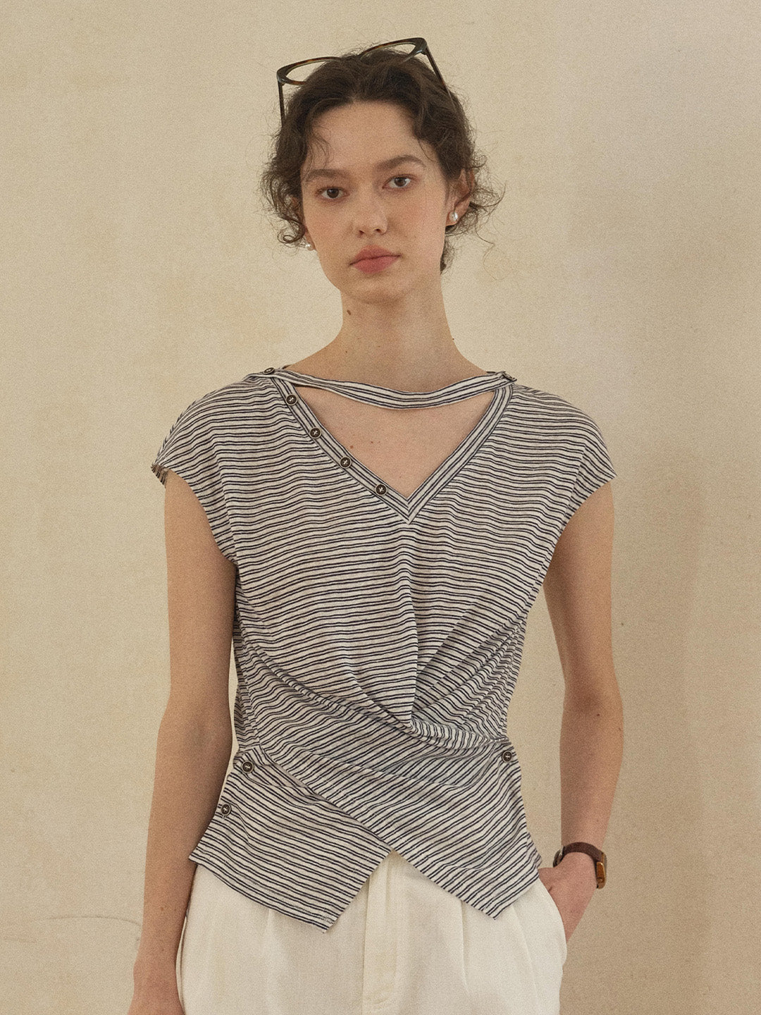 Alina V-Neck Stripe Linen Blouse