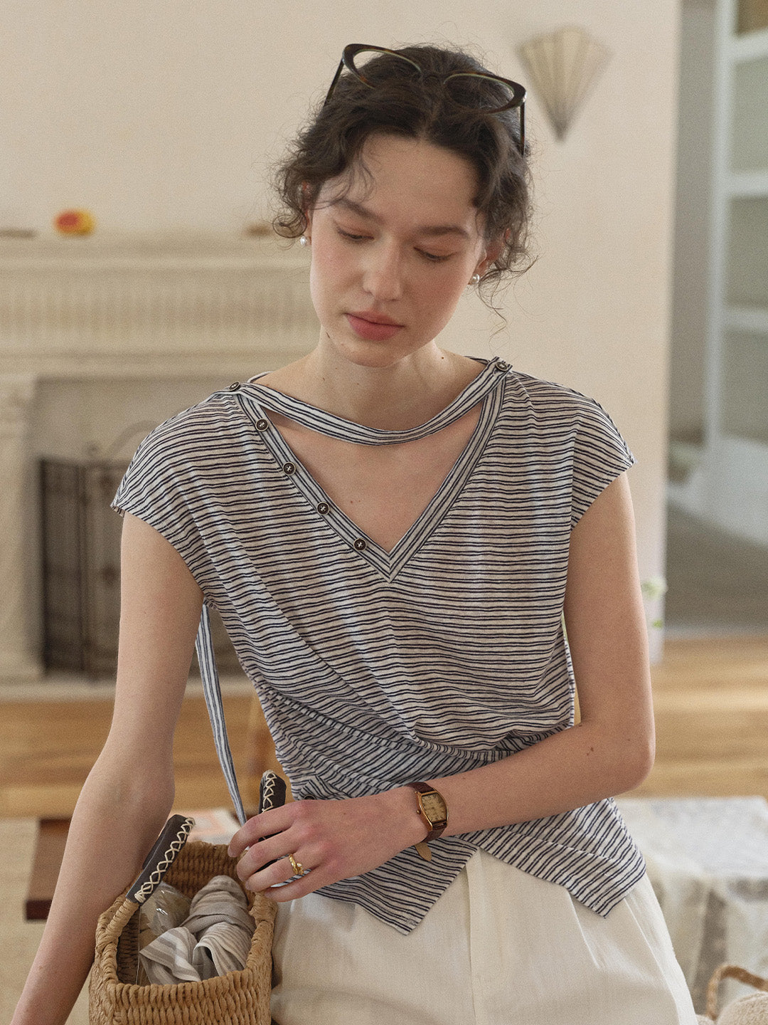 Alina V-Neck Stripe Linen Blouse