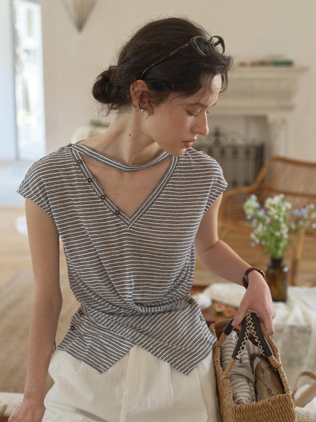 Alina V-Neck Stripe Linen Blouse