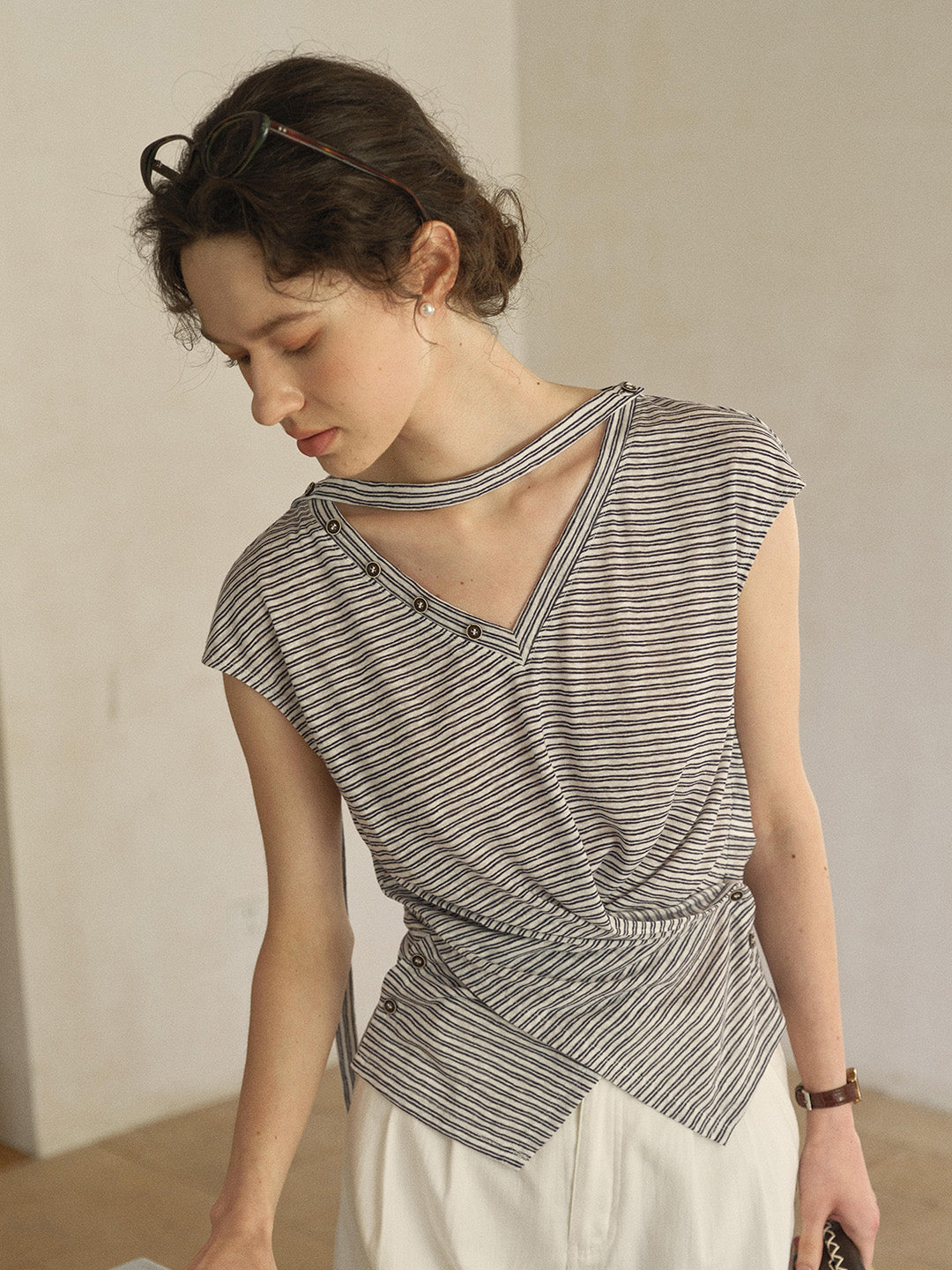 Alina V-Neck Stripe Linen Blouse