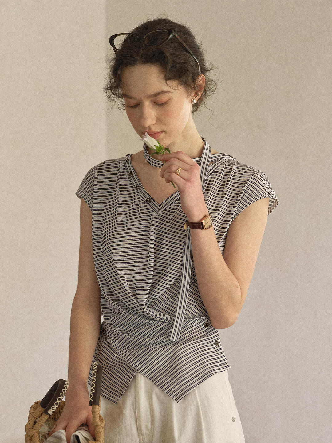 Alina V-Neck Stripe Linen Blouse
